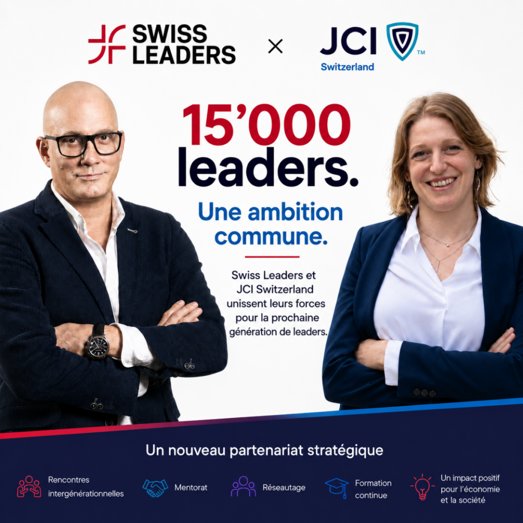 Partnership tra JCI e Swiss Leaders con i loro responsabili, loghi e principali vantaggi in francese.