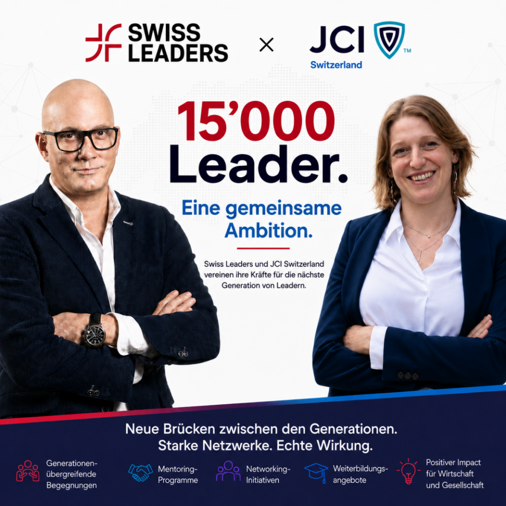 Partnerschaft zwischen JCI und Swiss Leaders mit ihren Führungspersonen, Logos und wichtigsten Vorteilen.