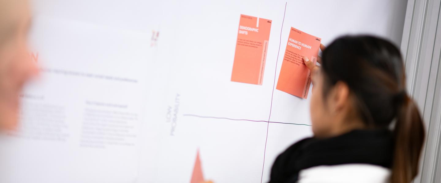 Personne plaçant un post-it sur un tableau à feuilles mobiles.