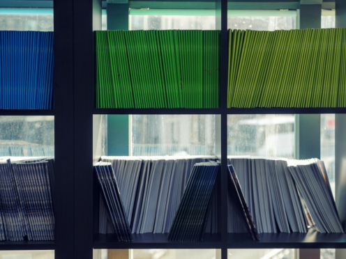 Zoom sur deux étagères d'une bibliothèque organisée par couleurs.