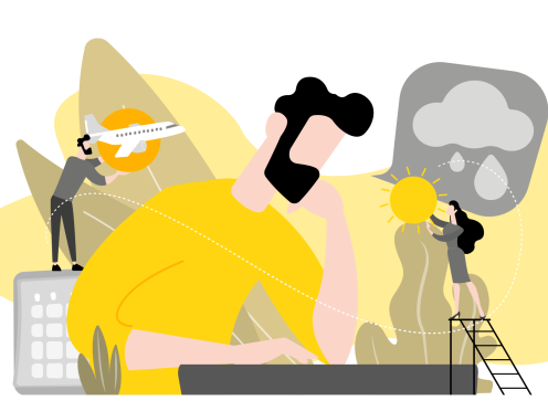 Illustration numérique d’une personne barbue pensive sur fond jaune.