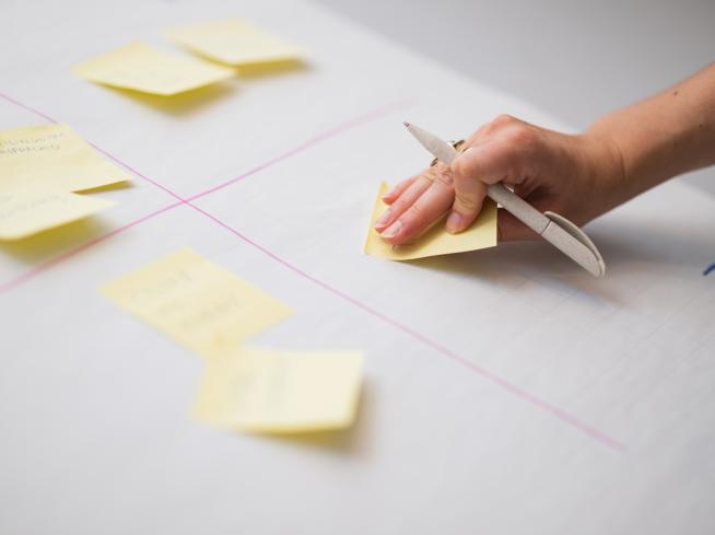Mano che applica un post-it su una lavagna a fogli mobili.