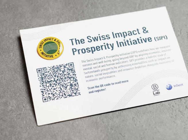 Flyer sulla Swiss Impact & Prosperity Initiative (SIPI) con codice QR.