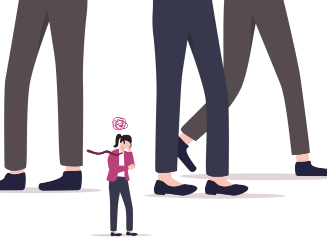 Illustrazione di una persona in miniatura che si tiene la testa, con grandi gambe dietro di lei.